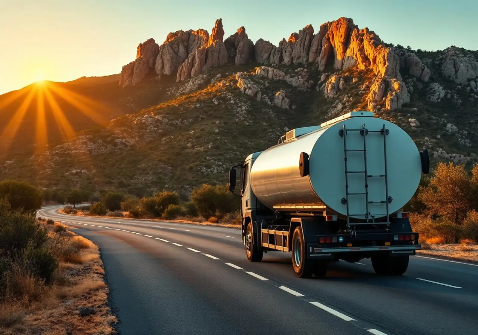 Camión cisterna de Aguas Costa por una carretera de Mallorca al atardecer