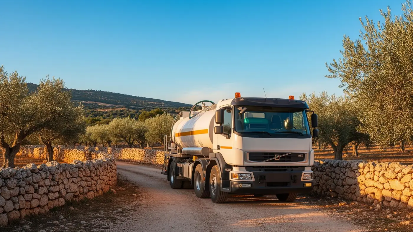 Camión cisterna de Aguas Costa en un camino rural entre olivos en Mallorca